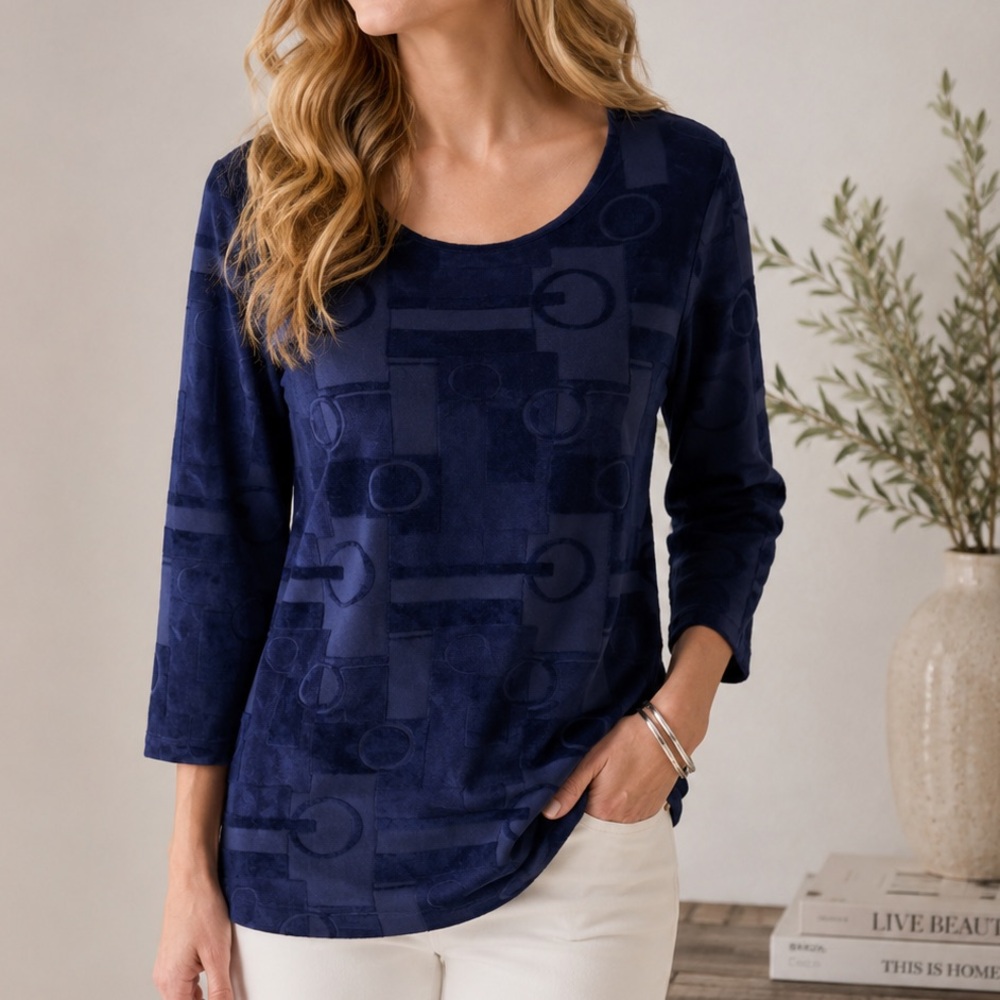 NWT Chico’s Brigetta Deep Navy Velvet Burnout 3/4 Sleeve Top Size S
